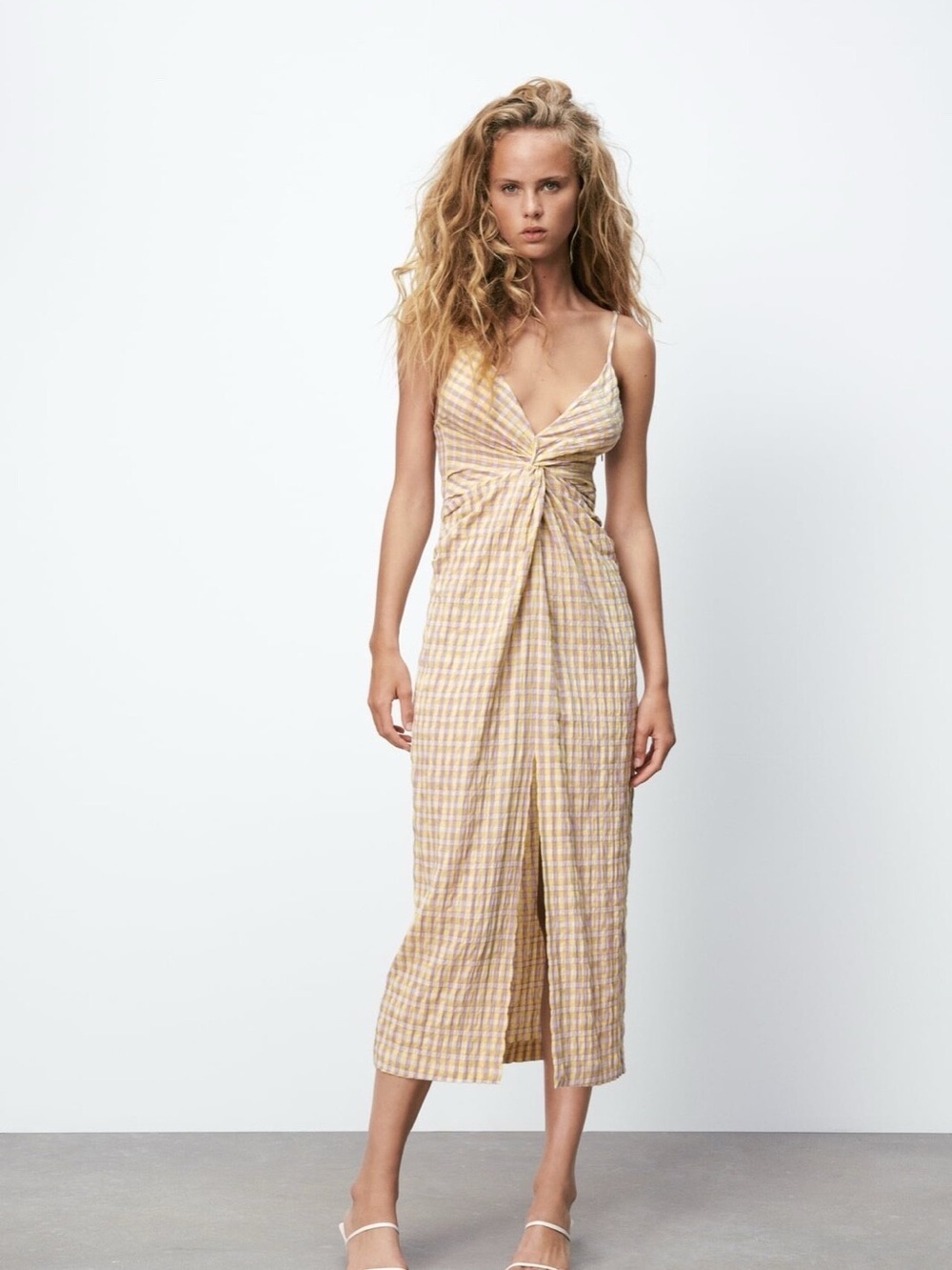 Zara Yellow Gingham Twist-Front Midi Dress